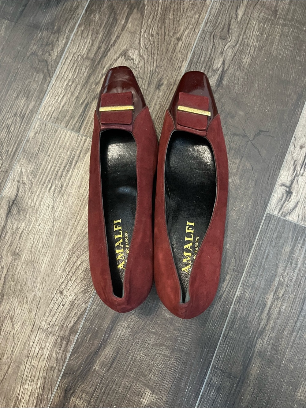 Amalfi Wine Red Suede Square-Toe Flats with Gold Bar